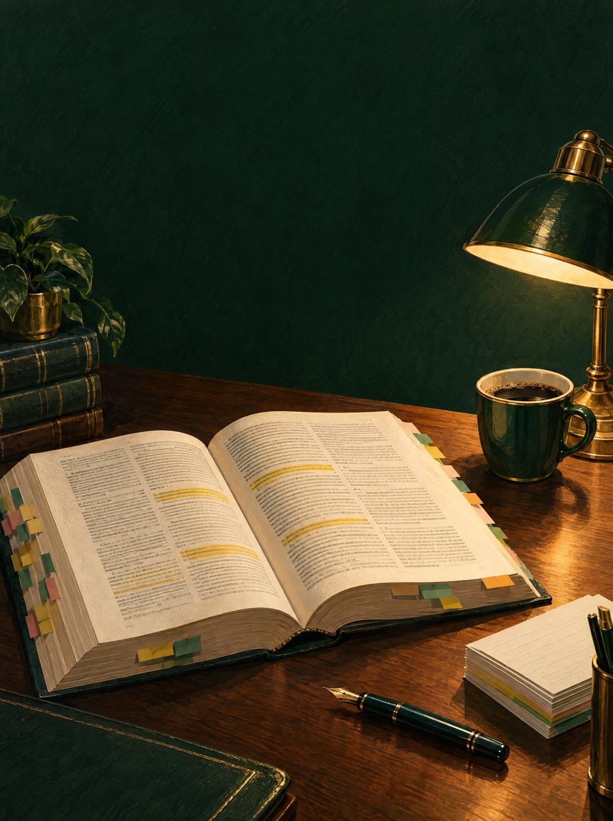 Mesa de estudo com livro de leis aberto e caneta