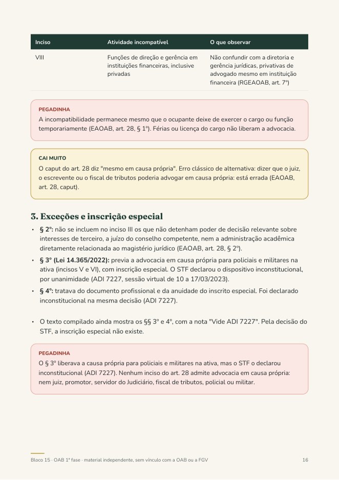 Tabela de incompatibilidades com o artigo de cada inciso